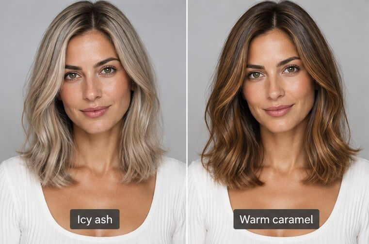 The same woman with olive skin in icy ash blonde versus warm caramel brown