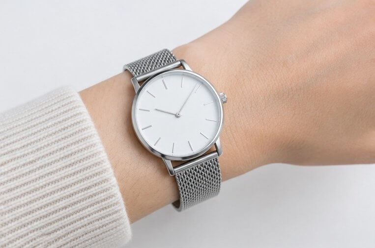 Minimalist white dial watch on a silver Milanese mesh bracelet