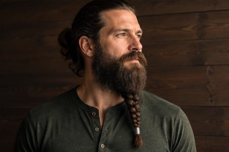 Man with a long full beard gathered into a single braid with a metal bead