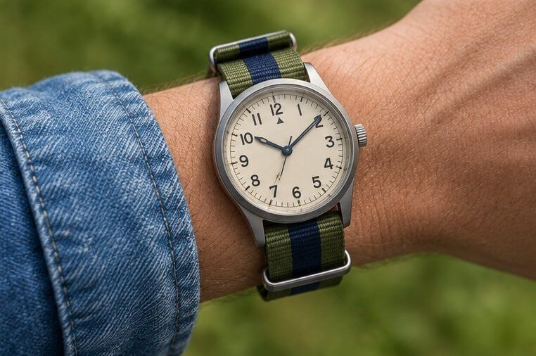 Field watch with cream dial on an olive and navy striped NATO strap