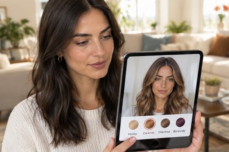Virtual hair color try-on showing caramel shades on a woman with olive skin