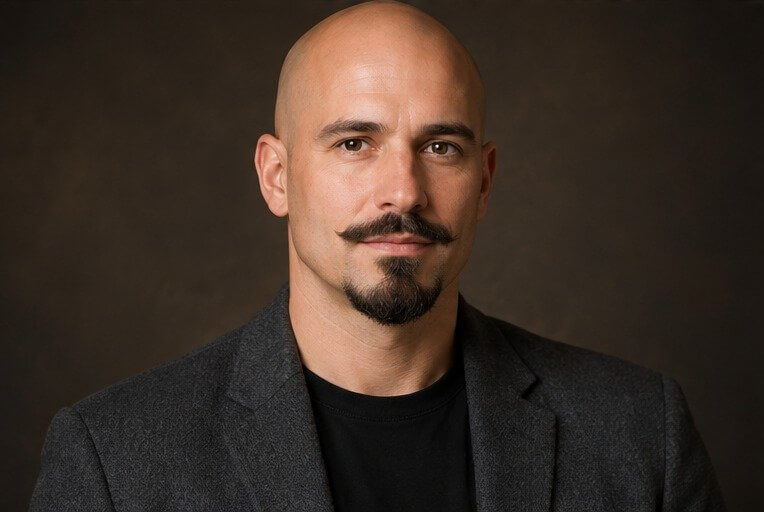 Bald man with a Van Dyke chin beard and separate mustache