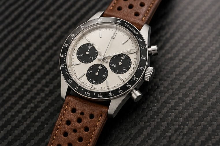 Chronograph watch with three sub-dials and tachymeter bezel on a rally leather strap