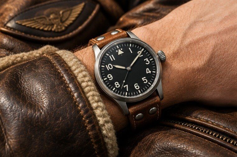 Pilot watch with oversized numerals on a riveted brown leather strap