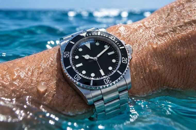 Stainless steel dive watch with black rotating bezel on a wet wrist above ocean water