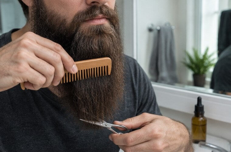 Man combing a long beard and trimming only the tips with grooming scissors