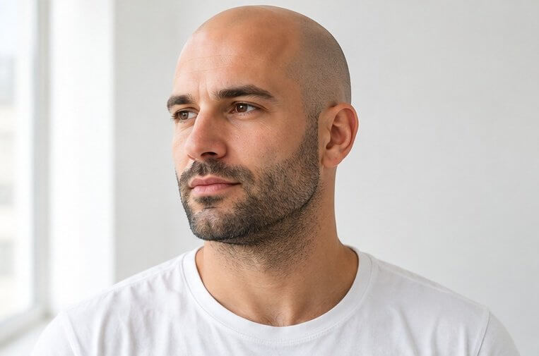 Bald man with even heavy stubble and a sharp neckline