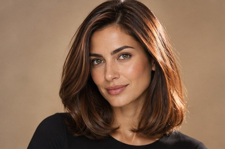Glossy chestnut brown hair on medium olive skin with green eyes