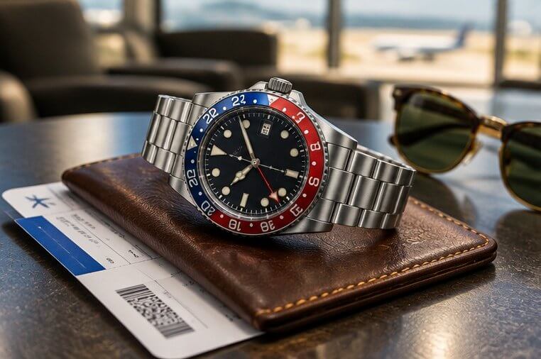 GMT watch with blue and red 24-hour bezel resting on a passport cover