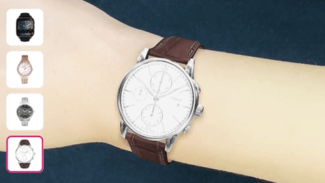 Virtual watch try-on showing a leather strap watch on a wrist