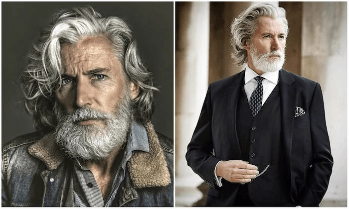 Älterer Mann mit grauem, welligem Langhaar und Vollbart, einmal im lässigen Jeans-Look und einmal elegant im Anzug, modernes Beispiel für Langhaarfrisuren Männer ab 50.