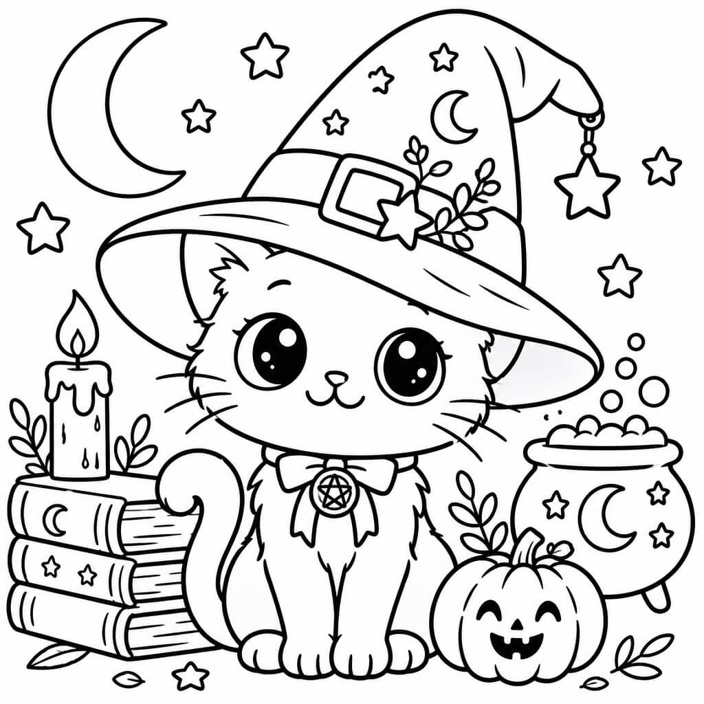 Créer dessin coloriage Halloween, chat sorcier