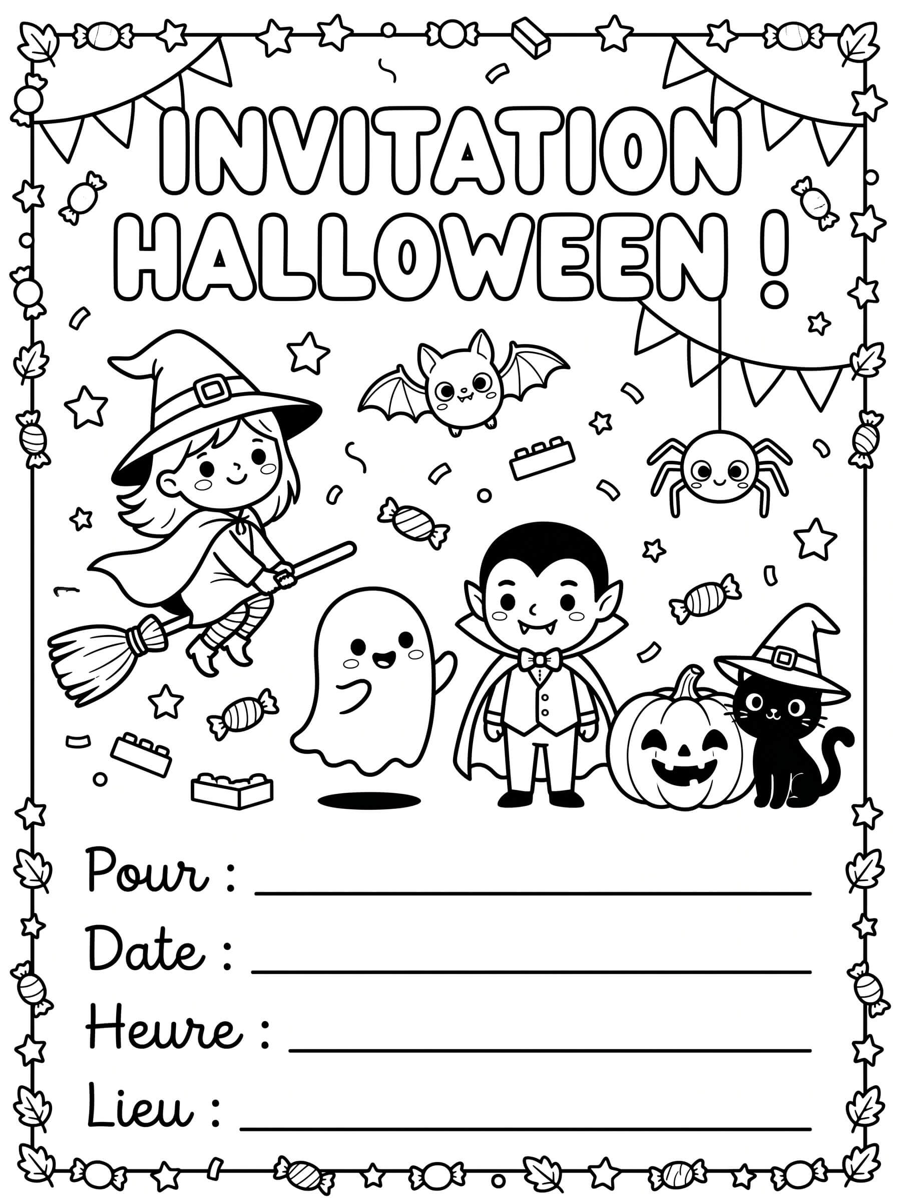 Carte invitation d'Halloween à colorier