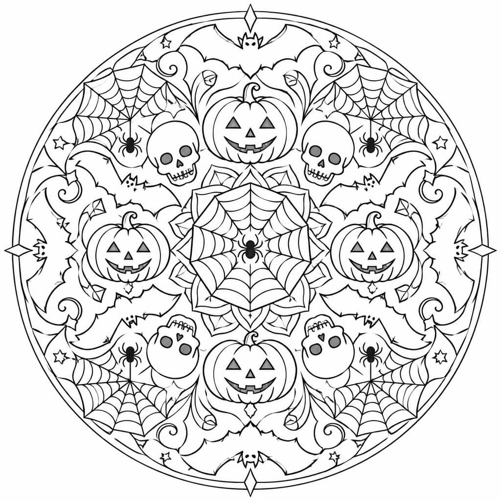 Dessin coloriage Halloween, manada citrouilles, squelettes