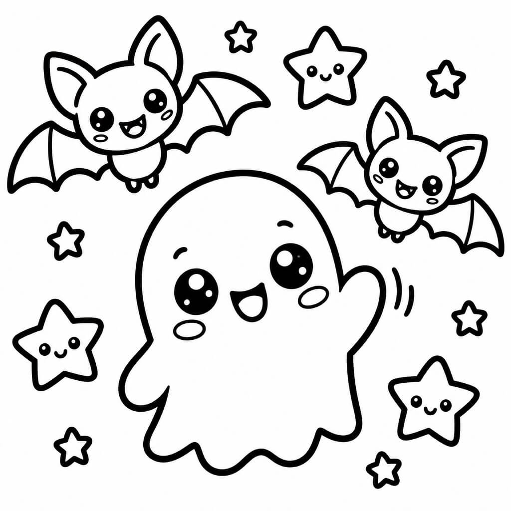 Coloriage dessin Halloween fantôme et chauve souris