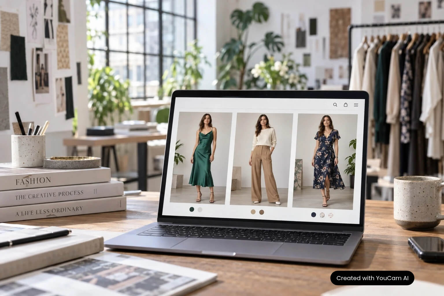 Fashion ecommerce product page on a laptop showing AI on-model photography of one model in several outfits