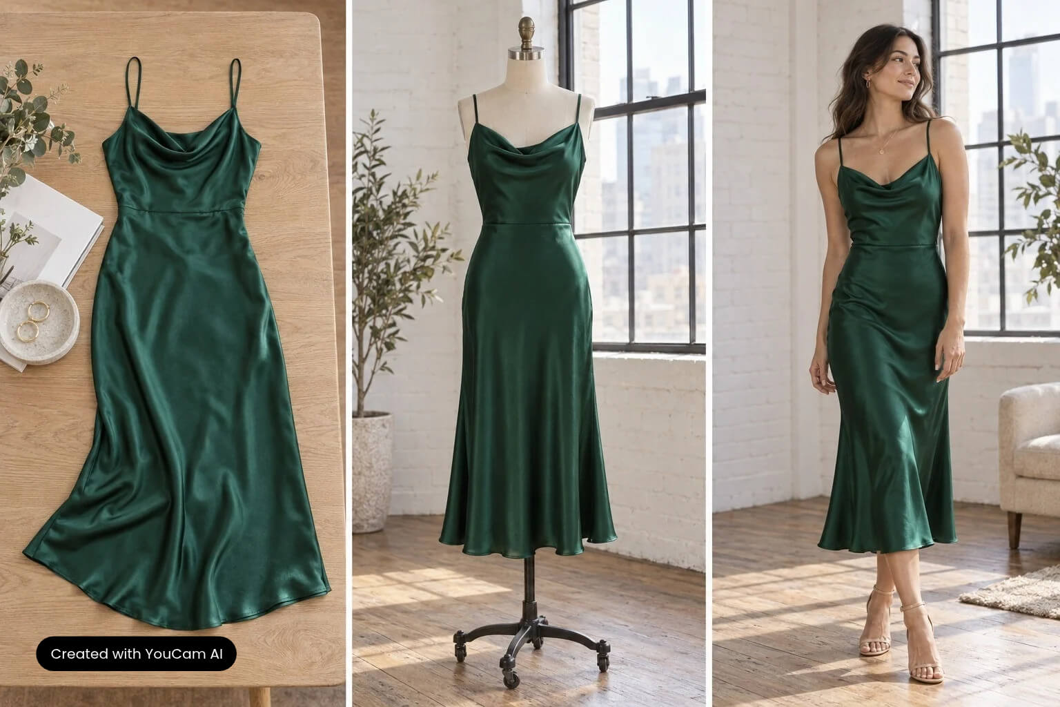 Flat lay vs. mannequin vs. on-model photos for a new clothing brand Three clothing product photography methods compared: flat lay, mannequin and on-model photo of the same dress
