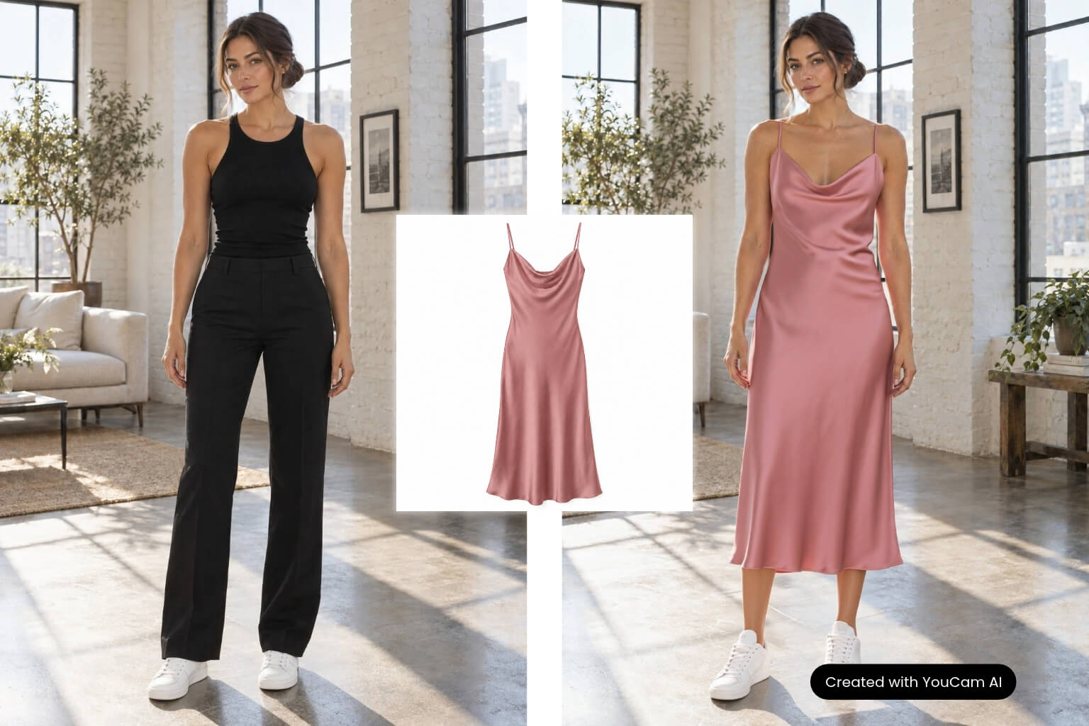AI on-model photography example: a front-view brand model photo and a rose satin slip dress packshot combined into an on-model result