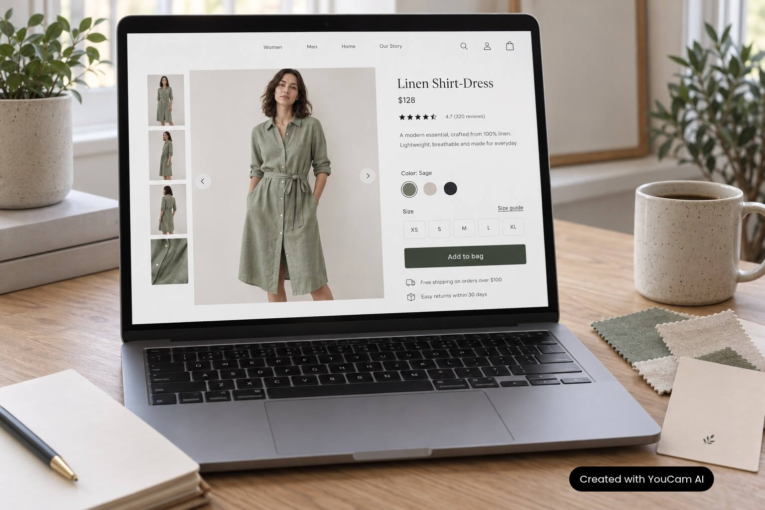 Online store product page for a new clothing brand New clothing brand online store product page on a laptop with on-model photos, size chart and fabric details