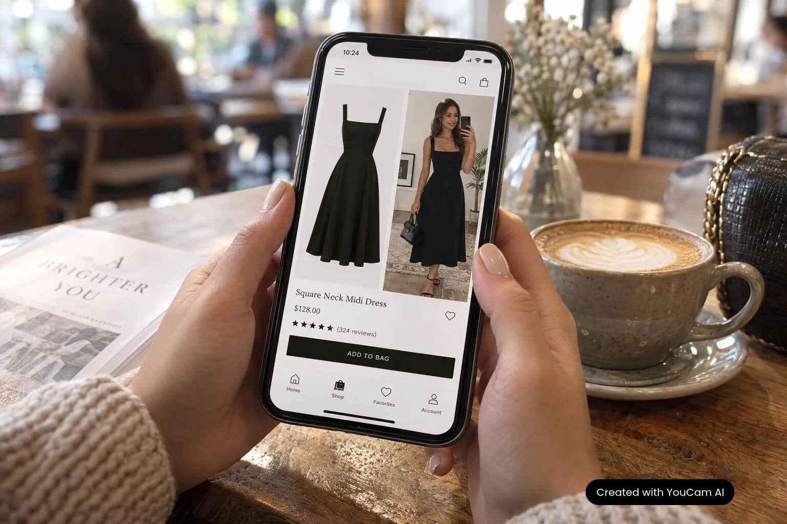 Shopper try-on on a growing clothing brand's mobile store Shopper previewing a clothing brand's dress on their own photo on a smartphone product page