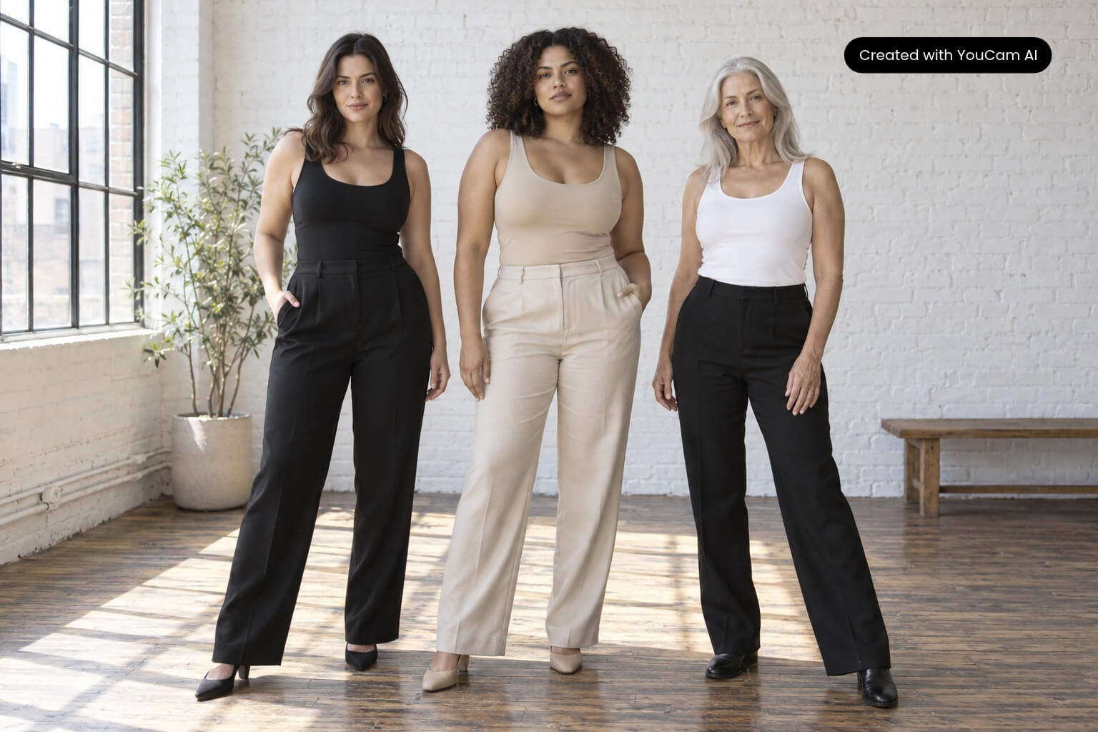 Three brand models in fitted neutral base outfits, photographed once for reuse in AI on-model product photography