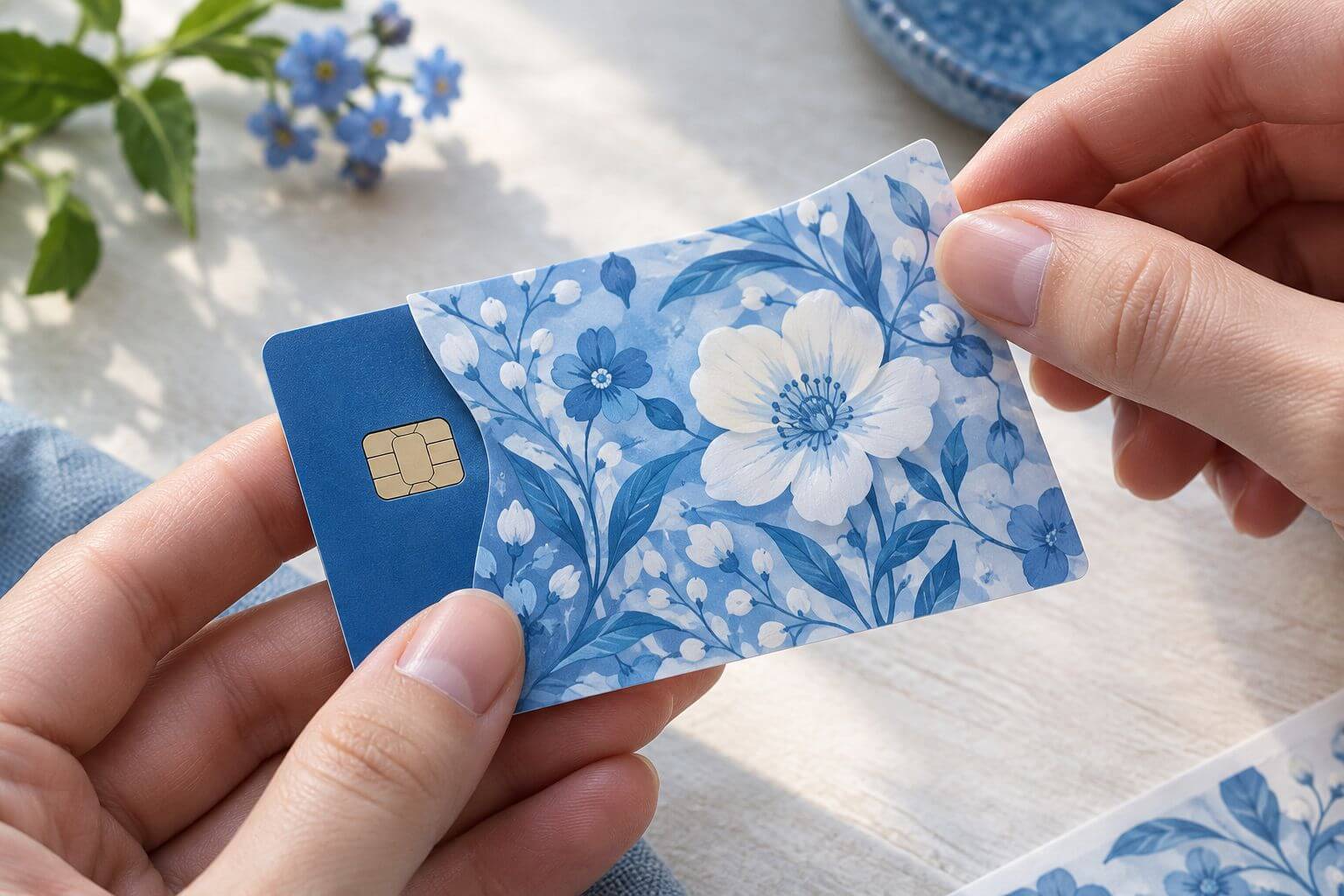 Aufkleber mit blauen Blumenmotiven wird blasenfrei auf eine Karte aufgebracht, Chip bleibt frei