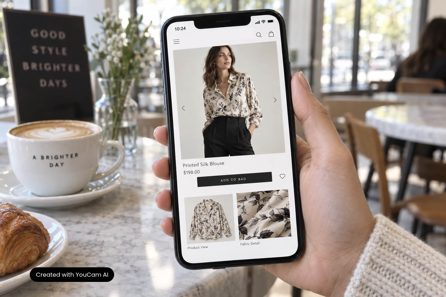 Ecommerce product page on a smartphone combining an on-model product photo with flat lay and fabric detail images