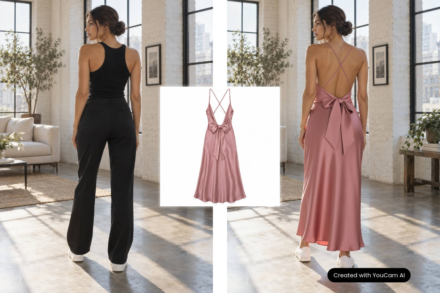 Back-view AI try-on result showing the satin dress's crossed straps and back bow on the same brand model