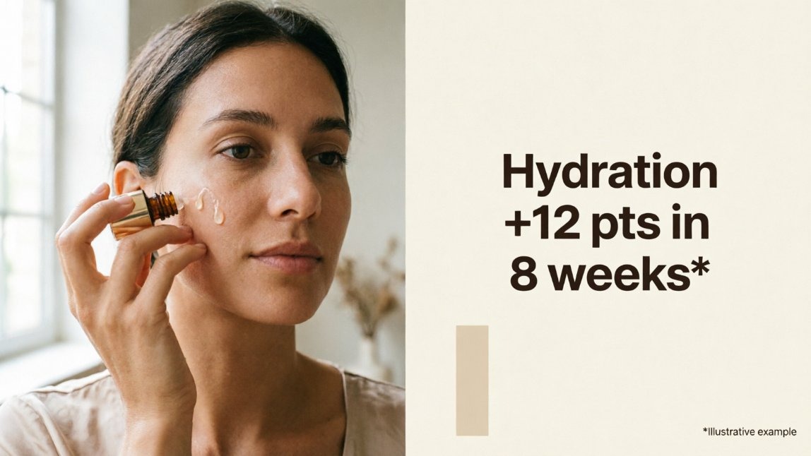 Serum application next to an illustrative hydration improvement infographic