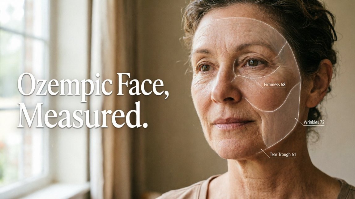Ozempic face skin analysis with AI face mesh measuring firmness, wrinkles and tear trough