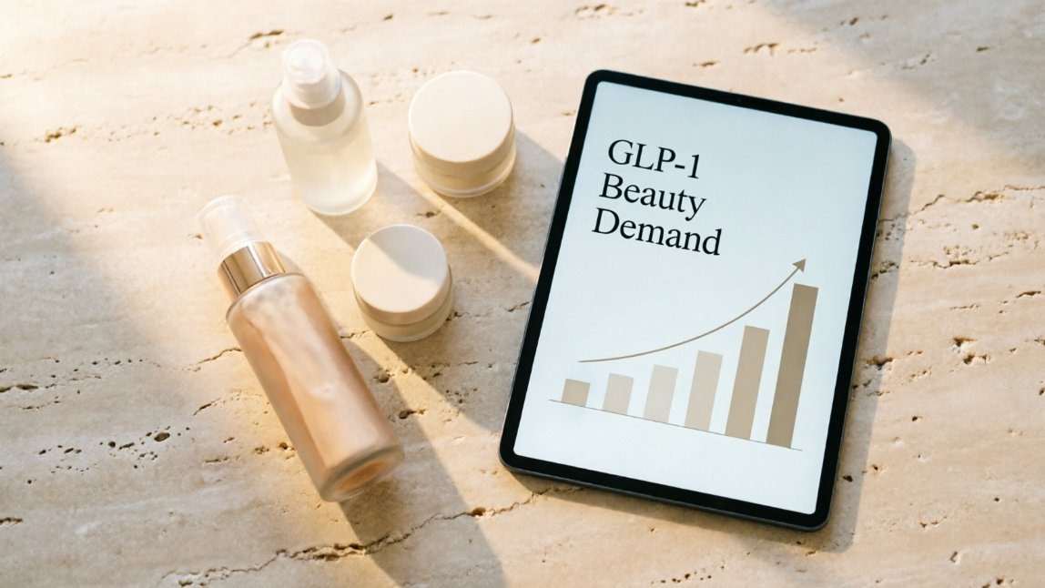 Skincare products and a tablet chart showing rising GLP-1 beauty demand