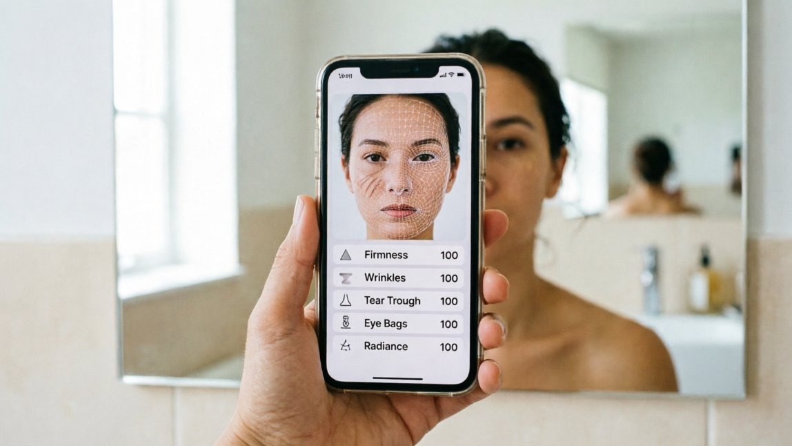 AI skin analysis app scoring firmness, wrinkles, tear trough, eye bags and radiance