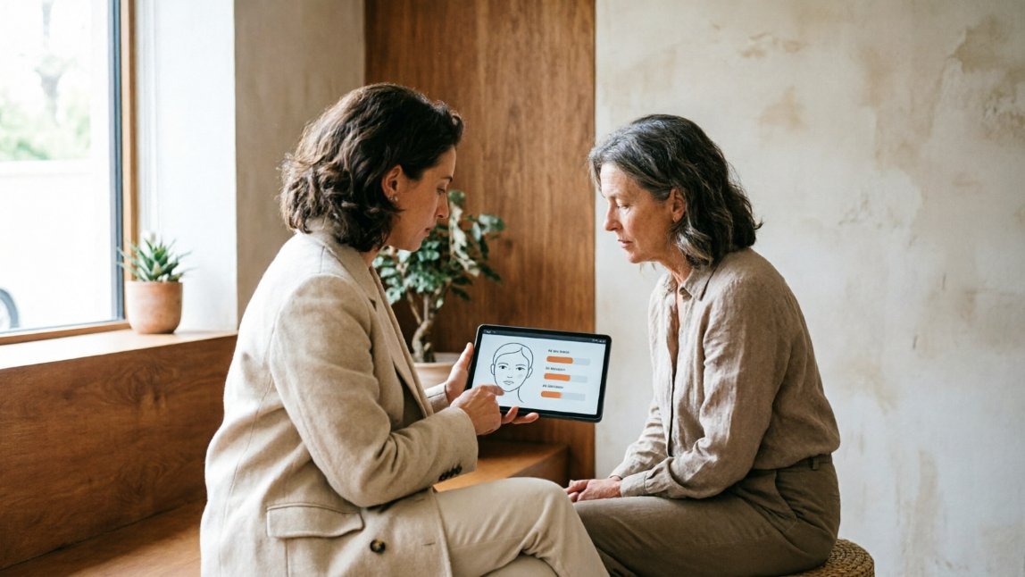 Aesthetic practitioner reviewing AI skin scores with a client