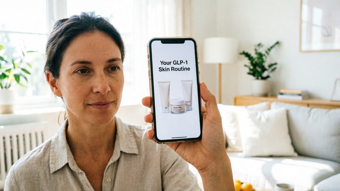 Woman scanning her face at home to get a personalized GLP-1 skin routine