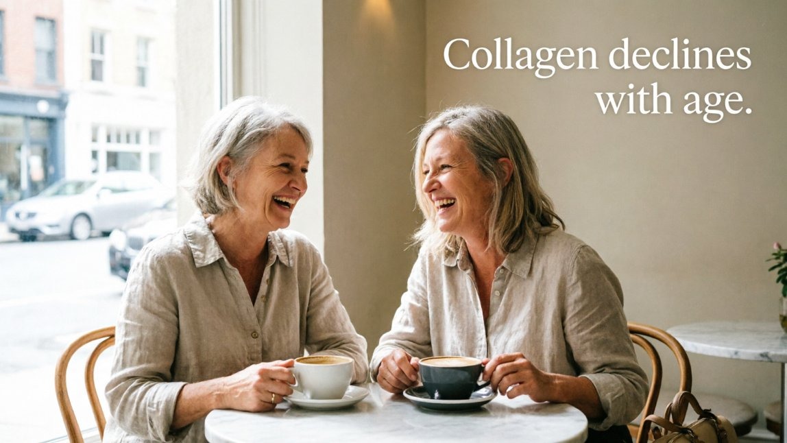 Two women in their late 50s at a cafe, collagen declines with age