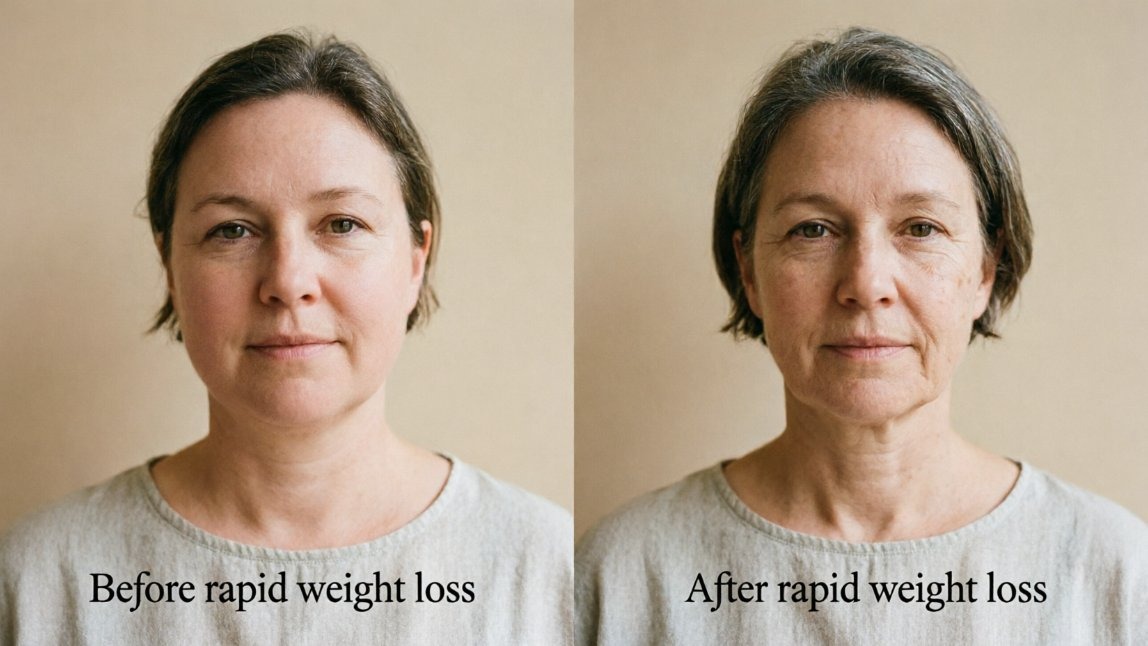 Illustration of facial changes before and after rapid weight loss