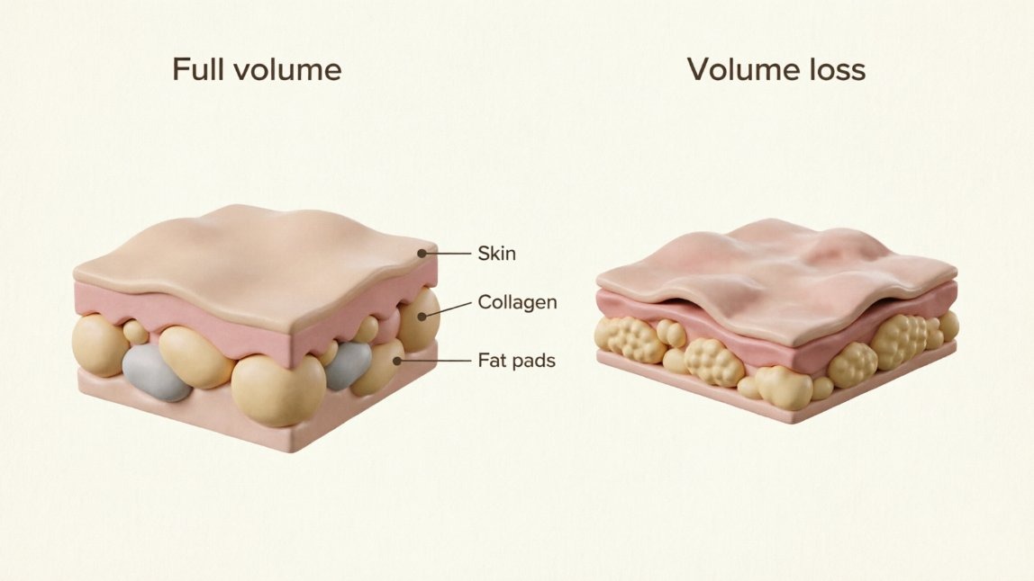 Facial skin layers with full volume versus volume loss of fat pads