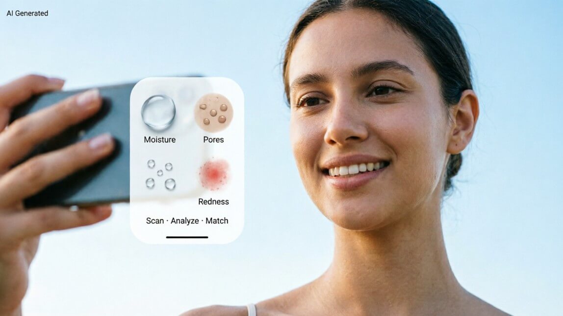 Three-step AI skin analysis flow: scan, analyze, match products