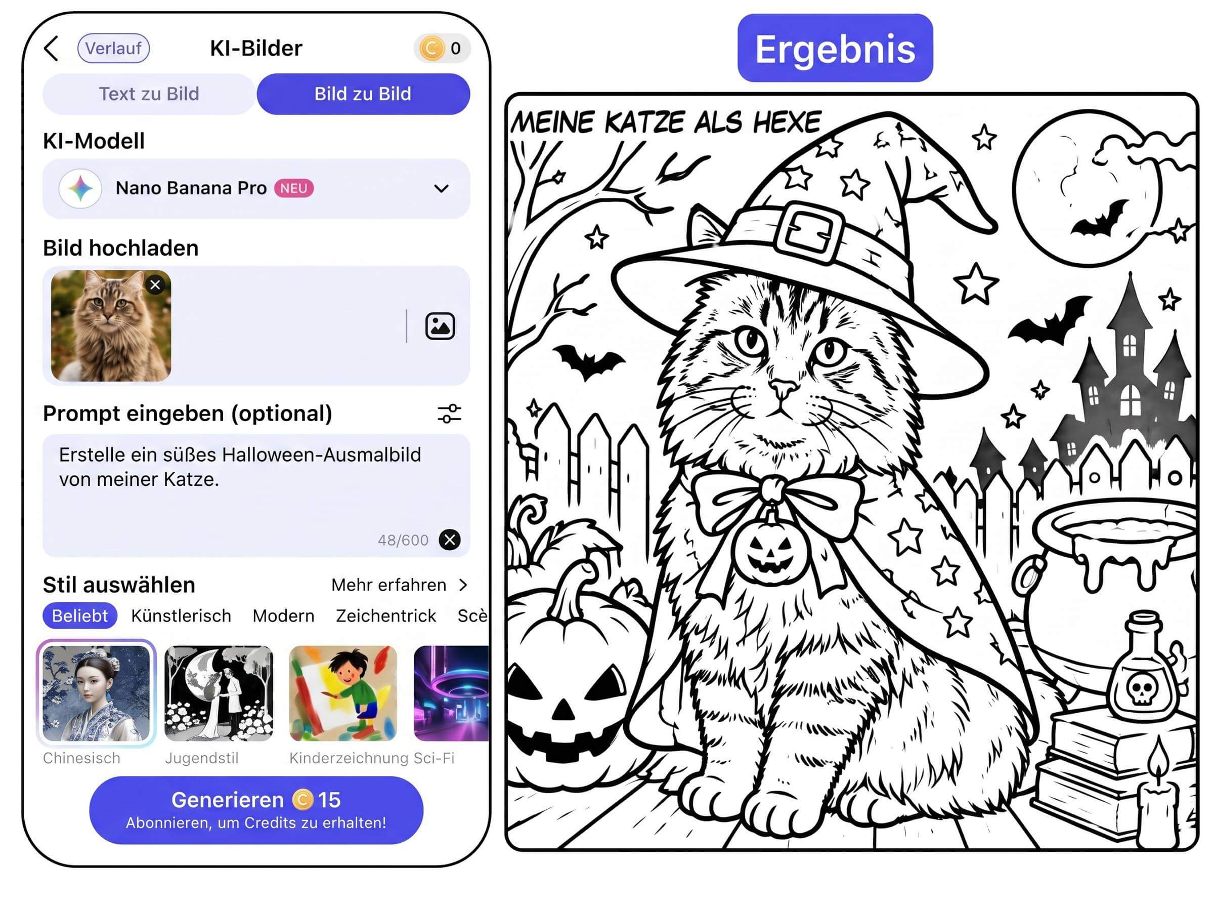 Halloween-Ausmalbild mit Hexenkatze, erstellt mit YouCam AI Pro