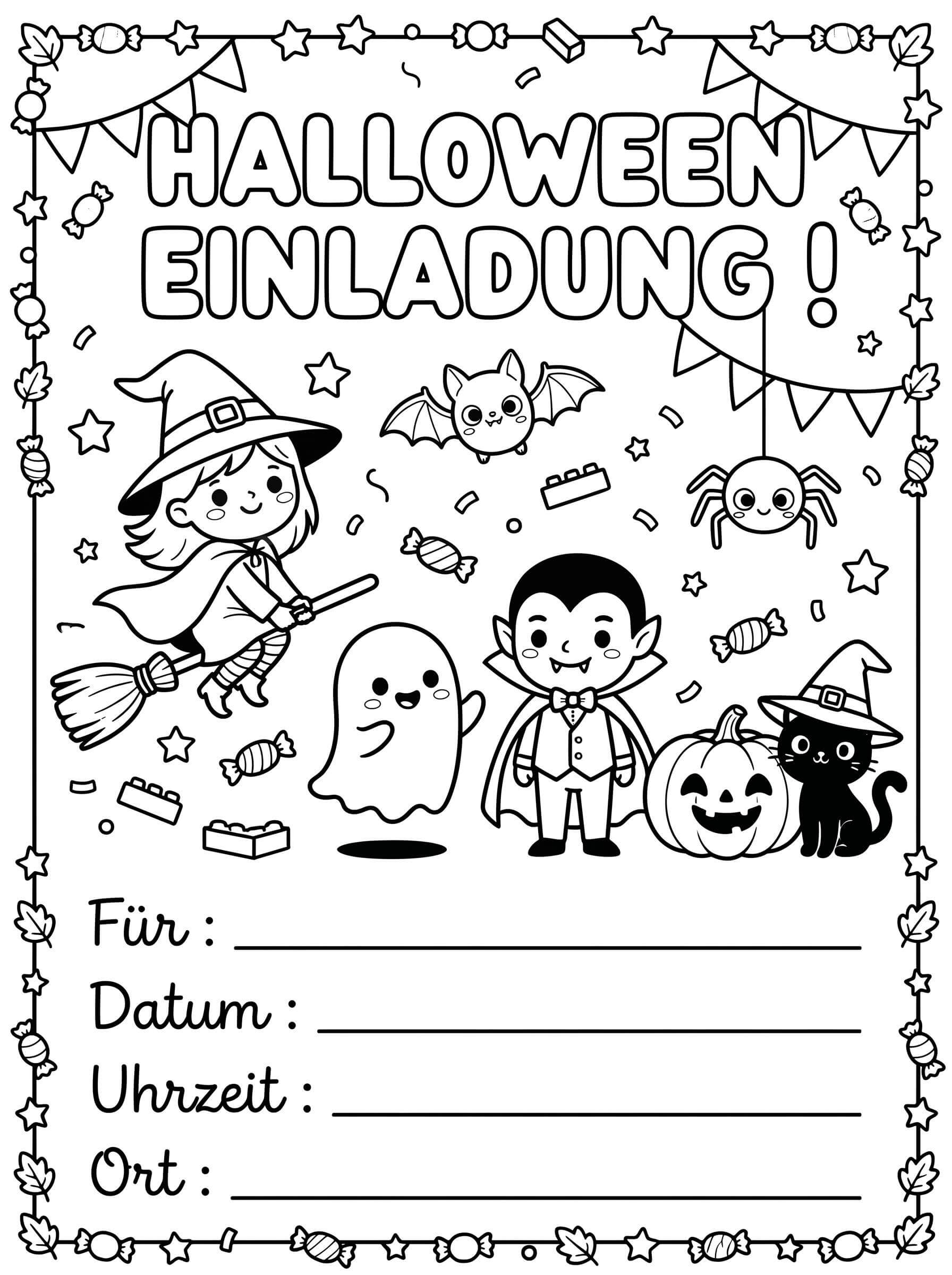 Halloween-Ausmalbild als Einladungskarte mit Halloween-Figuren