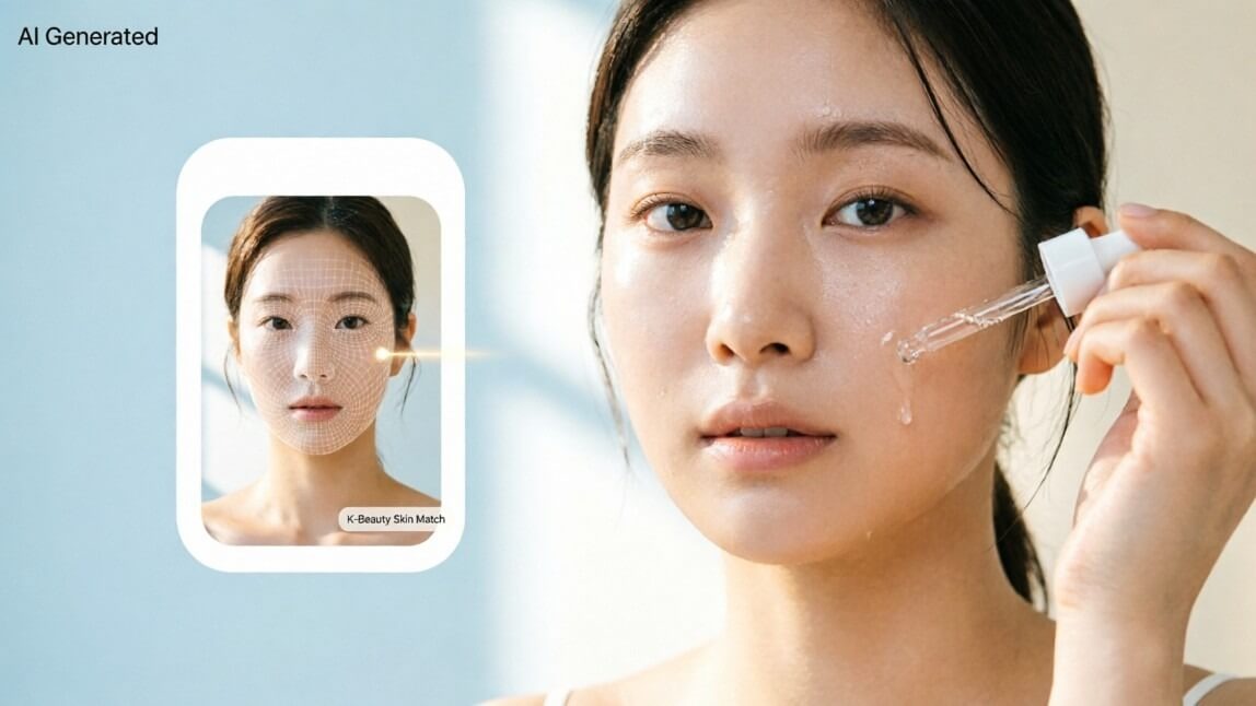 Woman using AI skin analysis on her phone next to K-beauty skincare products