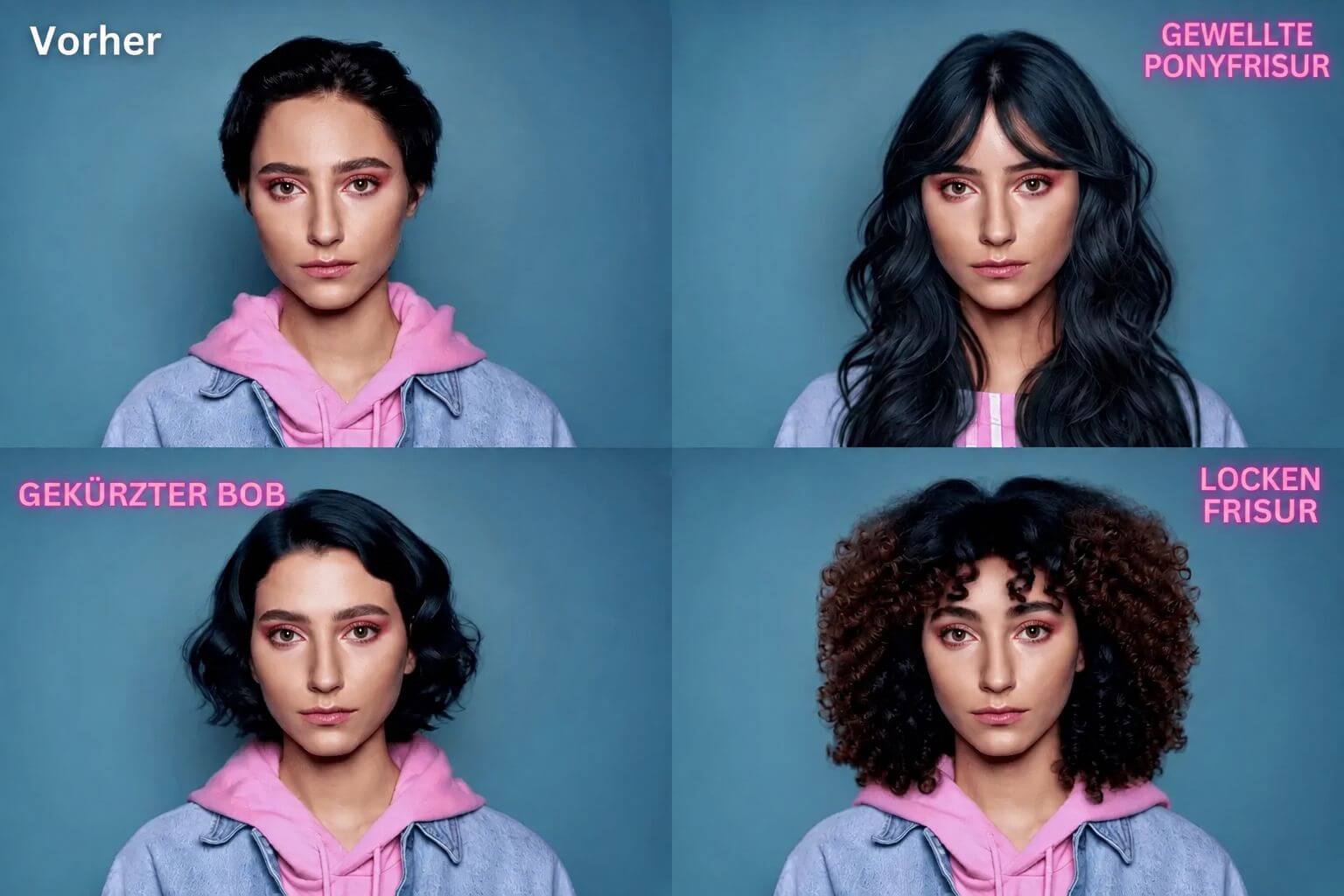 Vorher-nachher-Vergleich im Frisuren-Simulator: gewelltes Haar, lockiger Bob und kurzer Lockenschnitt auf demselben Foto