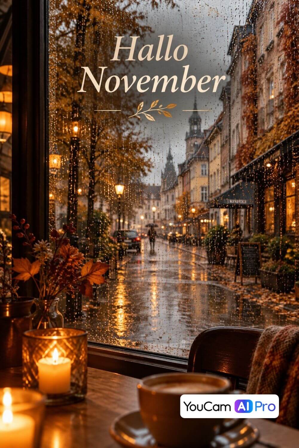 Gemütlicher Blick durch ein regennasses Fenster auf eine Herbststraße mit Kerze und Kaffeetasse, dazu der Text „Hallo November“ – erstellt mit YouCam AI Pro
