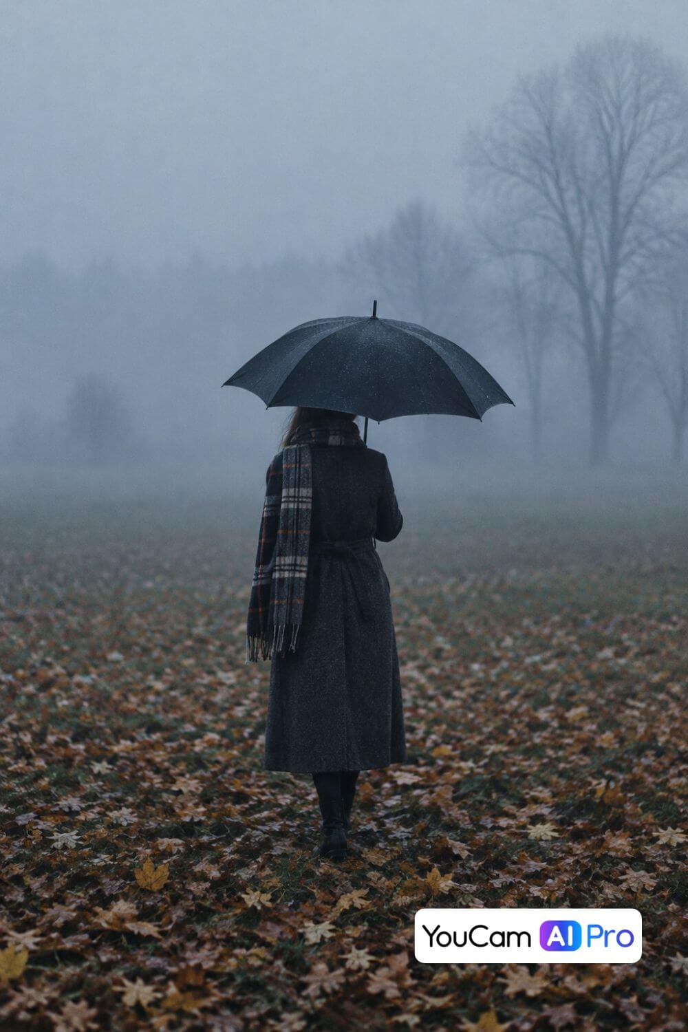 Person mit Mantel, Schal und Regenschirm von hinten auf einer nebligen, laubbedeckten Wiese im November – erstellt mit YouCam AI Pro