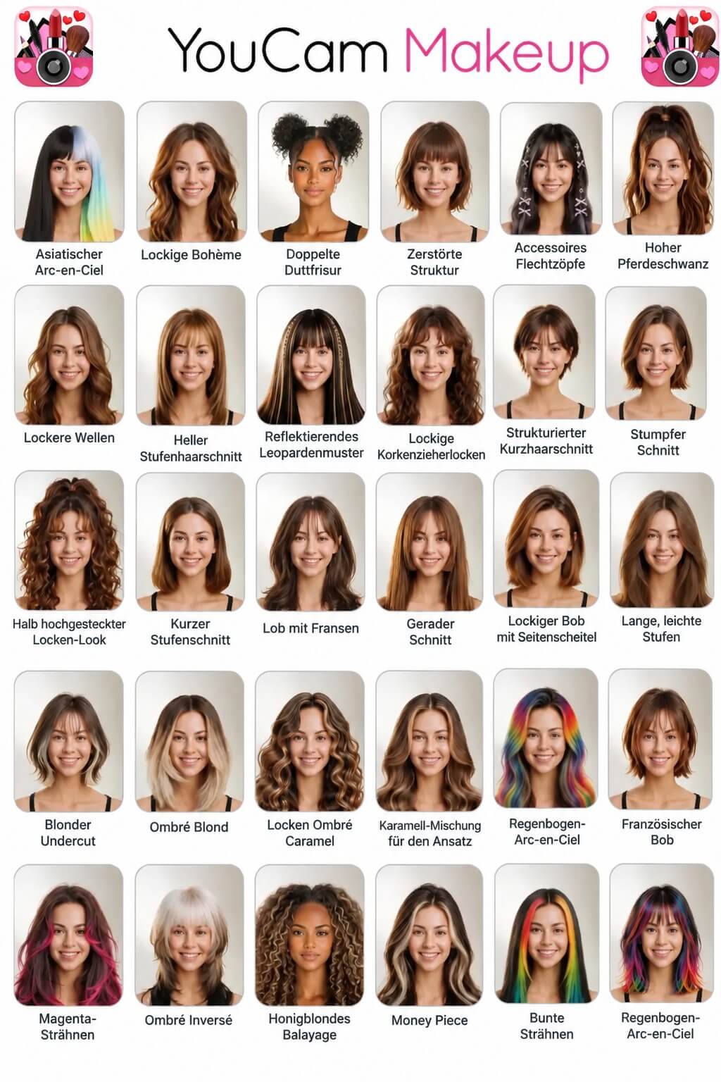 Auswahl vorgefertigter Frisuren-Filter in YouCam Makeup