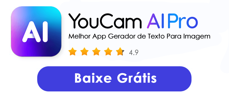 Banner do aplicativo YouCam AI Pro, o melhor gerador de imagem a partir de texto com IA. A imagem exibe o logotipo do app, a avaliação de 4.9 estrelas e um botão azul para "Baixe Grátis".