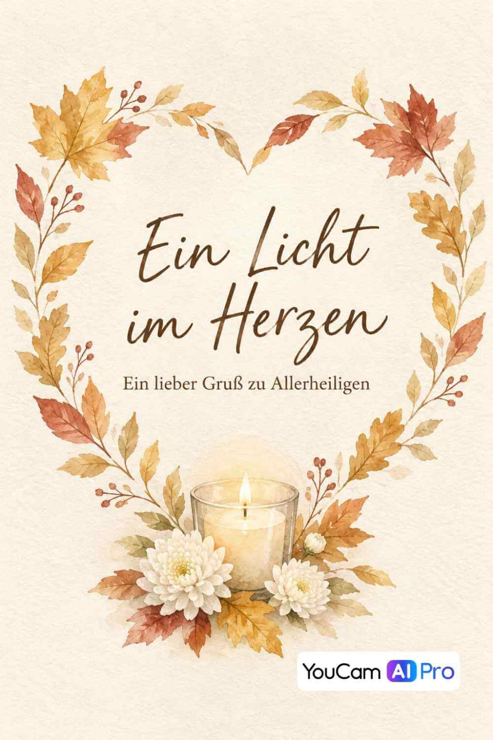 Herzförmiger Kranz aus Herbstblättern mit Kerze und weißen Blumen, mit Text „Ein Licht im Herzen – Ein lieber Gruß zu Allerheiligen“.