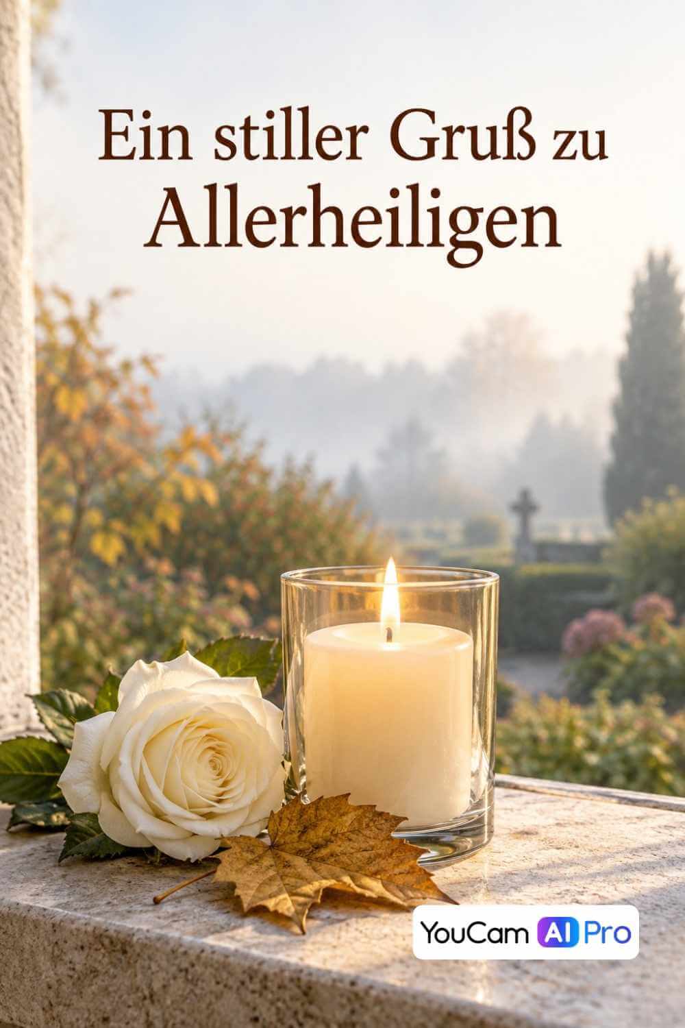 Brennende Kerze im Glas neben weißer Rose und Herbstlaub vor einem Friedhof, mit Text „Ein stiller Gruß zu Allerheiligen“.