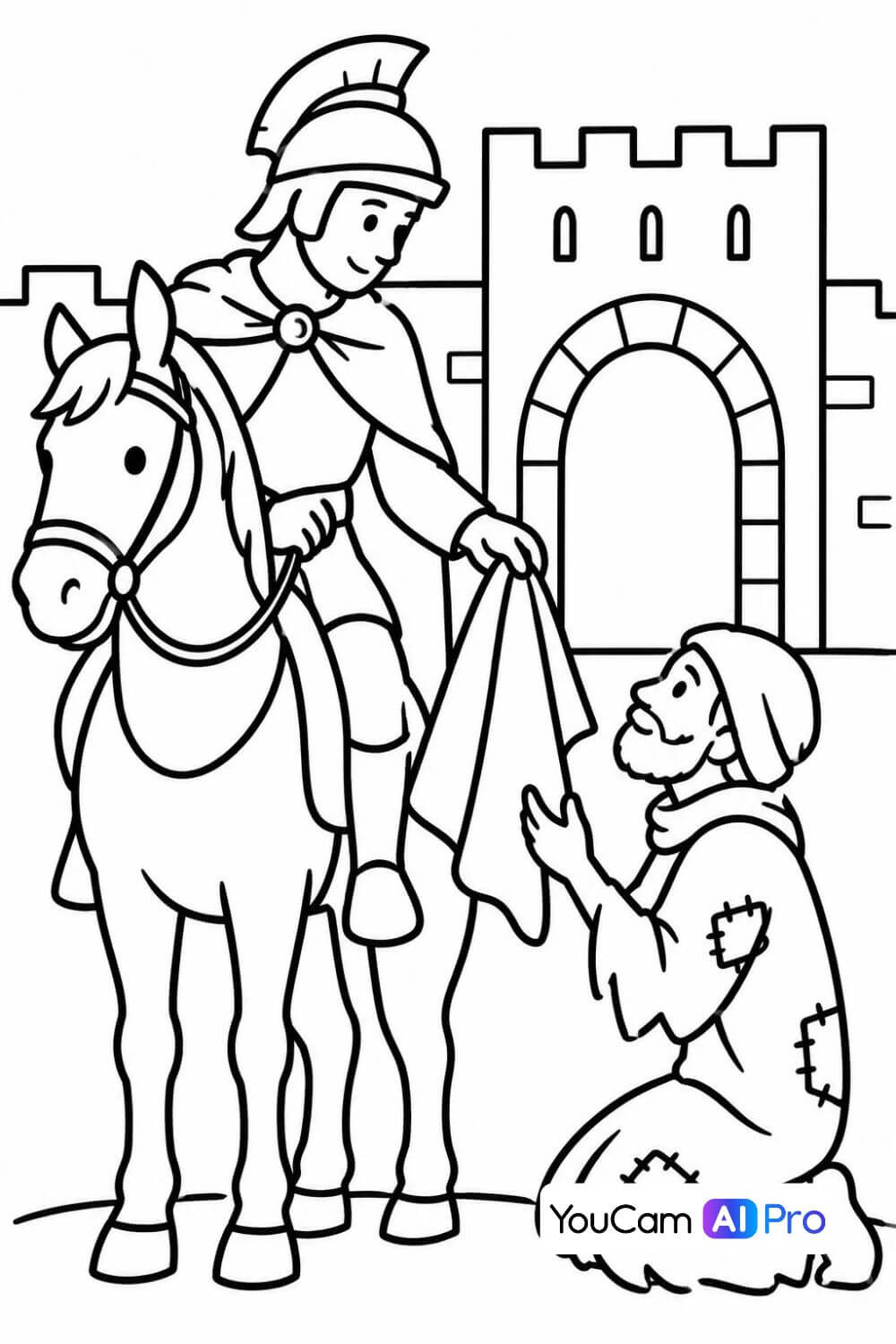 Ausmalbild: Sankt Martin reicht einem knienden Bettler vom Pferd aus eine Mantelhälfte vor einem Stadttor.