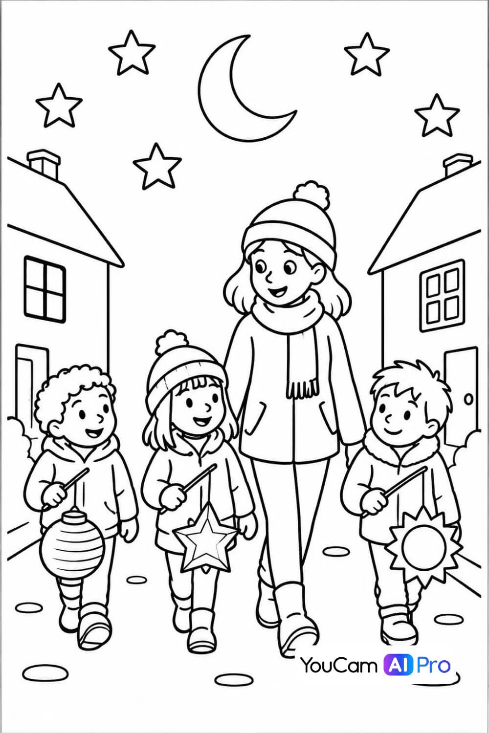 St.-Martin-Ausmalbild mit drei Kindern und einer Erwachsenen beim Laternenumzug, darüber Mond und Sterne.